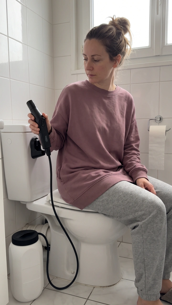 Personne assise qui tient l'embout du bidet