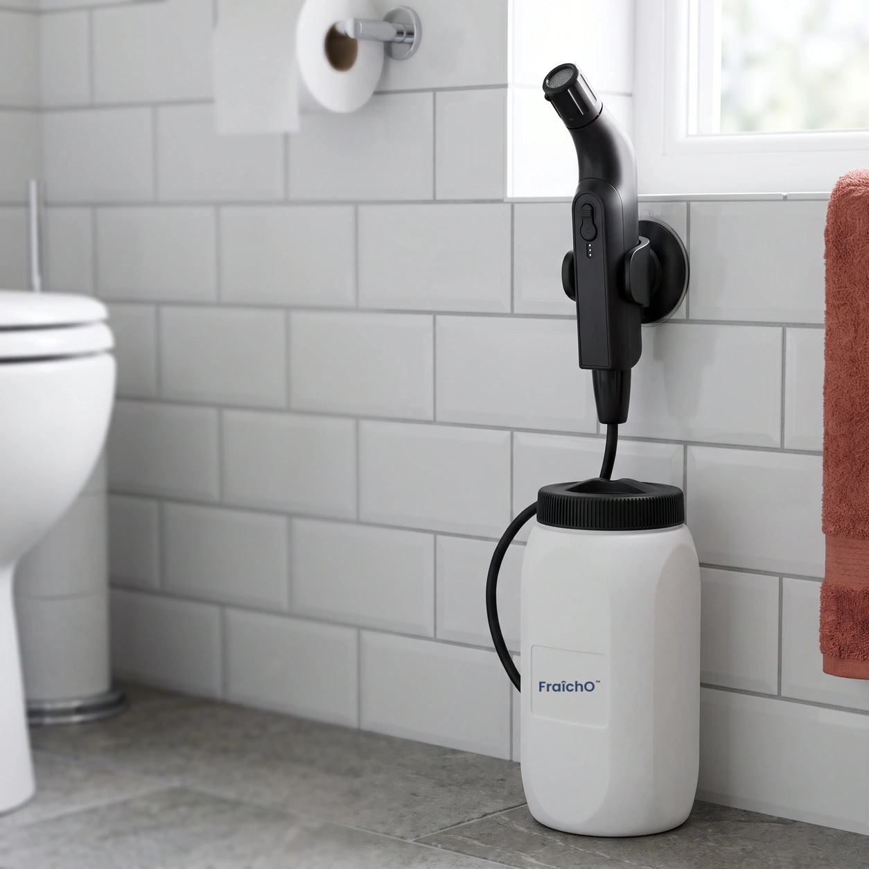 Bidet FraîchO fixé au mur près des toilettes